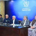 Federal Minister for National Food Security and Research, Rana Tanveer Hussain addresses a press conference alongside Pakistan Kissan Ittehad President Khalid Mahmood Khokhar, announcing the wheat price of Rs. 4,500 per maund
