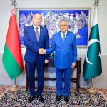 Deputy Prime Minister/Foreign Minister Senator Mohammad Ishaq Dar meets Belarusian National Security Adviser Lieutenant-General Aleksandr Volfovich at the Ministry of Foreign Affairs