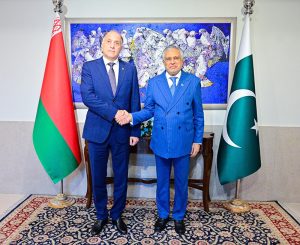 Deputy Prime Minister/Foreign Minister Senator Mohammad Ishaq Dar meets Belarusian National Security Adviser Lieutenant-General Aleksandr Volfovich at the Ministry of Foreign Affairs