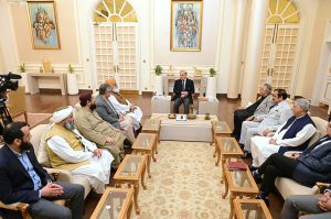 President Jamiat Ulema-e-Islam Maulana Fazl Ur Rehman calls on Prime Minister Muhammad Shehbaz Sharif at Prime Minister's House. APP/ABB