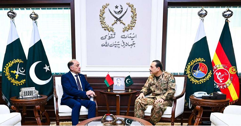 A high-level delegation from Republic of Belarus led by Lieutenant General Aleksandr Volfovich, State Secretary of the Security Council of the Republic of Belarus, calls on Field Marshal Syed Asim Munir, NI (M), HJ, Chief of Army Staff and Chief of Defence Forces (COAS & CDF), at General Headquarters (GHQ)