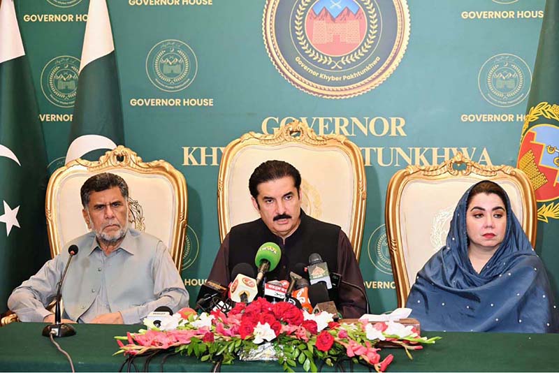 Governor Khyber Pakhtunkhwa Faisal Karim Kundi addresses a press conference at the Governor House