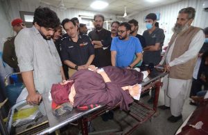 The bodies of children who lost their lives in the school building collapse are brought to Dir Colony for funeral prayers.