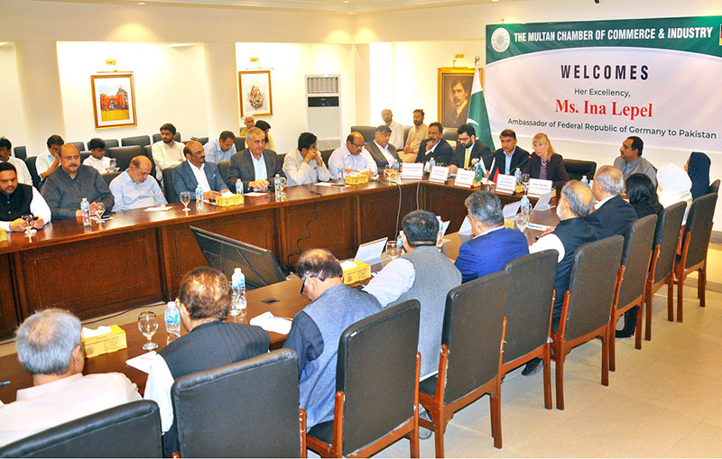 German Ambassador to Pakistan Ms. Ina Lepel addresses members of the Multan Chamber of Commerce and Industry during a meeting to discuss matters of mutual interest