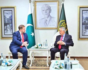Deputy Prime Minister/Foreign Minister Senator Muhammad Ishaq Dar meeting the UK Minister of State for Middle East, North Africa, Afghanistan and Pakistan at the Foreign, Commonwealth and Development Office (FCDO), Stephen Doughty, at the Ministry of Foreign Affairs