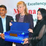 President Multan Chamber of Commerce and Industry (MCCI), Dr. Shafiq Khan Pitafi presents a traditional souvenir to German Ambassador to Pakistan Ms. Ina Lepel during her visit to the chamber