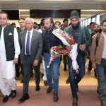 Sindh Governor Syed Muhammad Nehal Hashmi is welcoming Pakistani citizens Muhammad Yasin, Imran Ali and Syed Hussain Yousuf, who were released from captivity by Somali pirates, upon their return to their homeland at Karachi Airport. Mayor Karachi Murtaza Wahab is also present