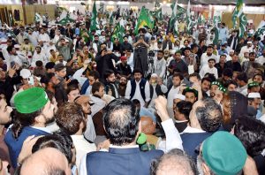 Federal Minister for Kashmir, Gilgit-Baltistan Affairs and SAFRON Engineer Amir Muqam leading a rally marking the formal launch of the Khyber Pakhtunkhwa Bachao Tehreek.