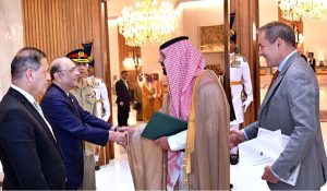 President Asif Ali Zardari receiving the credentials of Ambassador-designate of Saudi Arabia, Dr. Rajeh Tami Albugamy, and Ambassador-designate of France, Mr. Jean-Noël Poirier, at Aiwan-e-Sadr