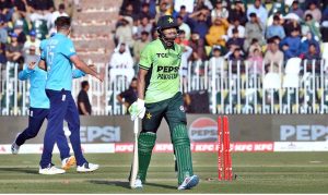 Pakistan’s batter, Hasan Nawaz bowled out during the ODI tri-nation series match against England at Rawalpindi Cricket Stadium