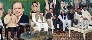 Prime Minister Muhammad Shehbaz Sharif addresses a gathering at the residence of late parliamentarian Mahmood Bashir Virk
