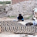 Labourers prepare raw mud bricks and arrange them in rows for drying at a local brick kiln yard as part of their daily routine