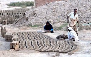 Labourers prepare raw mud bricks and arrange them in rows for drying at a local brick kiln yard as part of their daily routine
