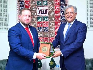 Federal Minister for Law & Justice and Human Rights Senator Azam Nazeer Tarar meeting with British Minister of State Stephen Doughty at his office