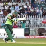 Pakistan’s batter Shaheen Shah Afridi plays a shot during the ODI Tri-Nation Series match between Pakistan and Sri Lanka at Rawalpindi Cricket Stadium