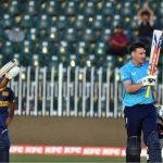 England's Harry Brook celebrates after scoring double century during the tri-nation series one-day international cricket match between Sri Lanka and England in Rawalpindi Cricket Stadium