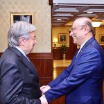 President Asif Ali Zardari shaking hands with United Nations Secretary-General António Guterres at Aiwan-e-Sadr