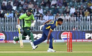 Pakistan’s batter Shaheen Shah Afridi plays a shot during the ODI Tri-Nation Series match between Pakistan and Sri Lanka at Rawalpindi Cricket Stadium