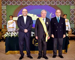 President Asif Ali Zardari and Prime Minister Muhammad Shehbaz Sharif at a special investiture ceremony to confer the Nishan-e-Imtiaz on United Nations Secretary-General António Guterres at Aiwan-e-Sadr