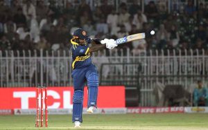 Pakistan’s batter Shaheen Shah Afridi plays a shot during the ODI Tri-Nation Series match between Pakistan and Sri Lanka at Rawalpindi Cricket Stadium