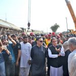 Federal Minister for Railways Muhammad Hanif Abbasi visits the site of the Rehman Baba Express derailment at Sher Shah Railway Station to inspect the damaged track and review relief operations