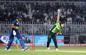 Pakistan’s batter Shaheen Shah Afridi plays a shot during the ODI Tri-Nation Series match between Pakistan and Sri Lanka at Rawalpindi Cricket Stadium