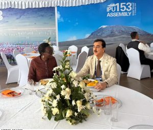 Chairman Senate, Syed Yousaf Raza Gilani shaking hands with Tulia Ackson President, IPU on the sidelines of the 153rd IPU Assembly.