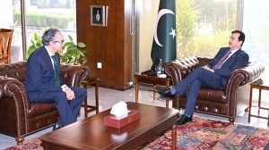Secretary Foreign Affairs, Asim Iftikhar Ahmad calls on Chairman Senate, Syed Yousaf Raza Gilani at parliament house Islamabad.