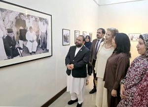 Federal Minister for National Heritage & Culture Aurangzeb Khan Khichi addresses the opening ceremony of the photographic exhibition of Shaheed-e-Millat Liaquat Ali Khan organised at PNCA, Islamabad, to mark the 75th death anniversary of Pakistan's first Prime Minister.