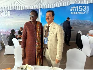 Chairman Senate, Syed Yousaf Raza Gilani shaking hands with Tulia Ackson President, IPU on the sidelines of the 153rd IPU Assembly.