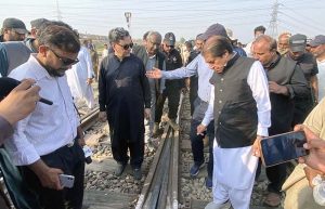 Federal Minister for Railways Muhammad Hanif Abbasi visits the site of the Rehman Baba Express derailment at Sher Shah Railway Station to inspect the damaged track and review relief operations