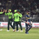 Pakistani players celebrate after taking a wicket Sri Lankan Kusal Mendis during the Tri-Nation Series cricket match between Pakistan and Sri Lanka at Rawalpindi Cricket Stadium