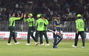 Pakistani players celebrate after taking a wicket Sri Lankan Kusal Mendis during the Tri-Nation Series cricket match between Pakistan and Sri Lanka at Rawalpindi Cricket Stadium