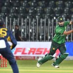 Pakistani batter Sahibzada Farhan plays a shot during the 3rd T20 cricket match between Pakistan and Sri Lanka at Rawalpindi Cricket Stadium