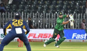 Pakistani batter Sahibzada Farhan plays a shot during the 3rd T20 cricket match between Pakistan and Sri Lanka at Rawalpindi Cricket Stadium
