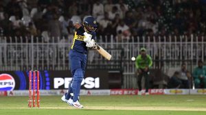 Pakistani players celebrate after taking a wicket Sri Lankan Kusal Mendis during the Tri-Nation Series cricket match between Pakistan and Sri Lanka at Rawalpindi Cricket Stadium