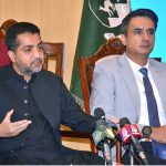 Balochistan Home Minister Ziaullah Langove along with Shahid Rind and Additional Chief Secretary for Home Hamza Shafqat addressing a press conference regarding improvement of law and order situation in Quetta
