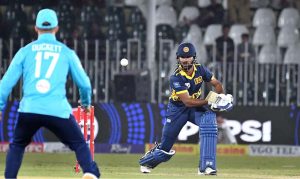 Sri Lanka batter Avishka Fernando plays a shot during the ODI tri-nation series cricket match at Rawalpindi Cricket Stadium