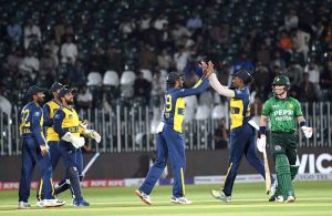 Pakistani batter Sahibzada Farhan plays a shot during the 3rd T20 cricket match between Pakistan and Sri Lanka at Rawalpindi Cricket Stadium