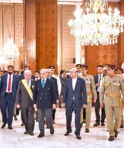 President Asif Ali Zardari and Prime Minister Muhammad Shehbaz Sharif at a special investiture ceremony to confer the Nishan-e-Imtiaz on United Nations Secretary-General António Guterres at Aiwan-e-Sadr