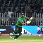 Pakistan’s batter Sahibzada Farhan plays a shot during the third T20 cricket match between Pakistan and Sri Lanka at Rawalpindi Cricket Stadium