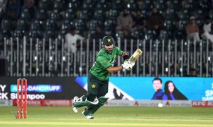 Pakistan’s batter Sahibzada Farhan plays a shot during the third T20 cricket match between Pakistan and Sri Lanka at Rawalpindi Cricket Stadium