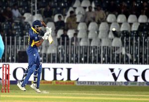 Sri Lanka batter Avishka Fernando plays a shot during the ODI tri-nation series cricket match at Rawalpindi Cricket Stadium