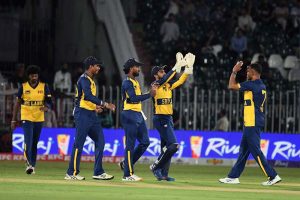 Pakistan’s batter Sahibzada Farhan plays a shot during the third T20 cricket match between Pakistan and Sri Lanka at Rawalpindi Cricket Stadium