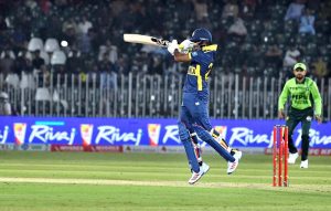 Pakistani players celebrate after taking a wicket Sri Lankan Kusal Mendis during the Tri-Nation Series cricket match between Pakistan and Sri Lanka at Rawalpindi Cricket Stadium