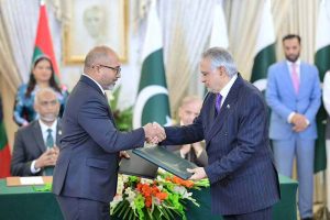 President of Maldives Dr. Mohamed Muizzu and Prime Minister of Pakistan Muhammad Shehbaz Sharif witnesses the exchange of MoUs between Pakistan and Maldives in various sectors at a ceremony in Prime Minister's House