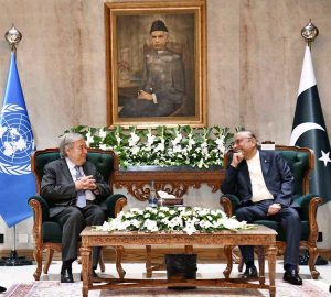 President Asif Ali Zardari in a meeting with United Nations Secretary-General António Guterres at Aiwan-e-Sadr