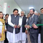 Speaker Punjab Assembly Malik Muhammad Ahmad Khan cutting ribbon to inaugurate a cancer ward at Madina Teaching Hospital during his visit to The University of Faisalabad (TUF)