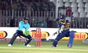 Sri Lanka batter Avishka Fernando plays a shot during the ODI tri-nation series cricket match at Rawalpindi Cricket Stadium