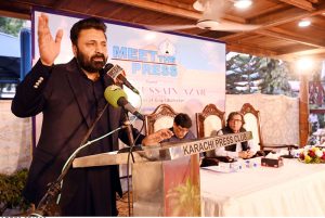 Gilgit-Baltistan Chief Minister Amjad Hussain Azar addresses a “Meet the Press” programme at the Karachi Press Club.